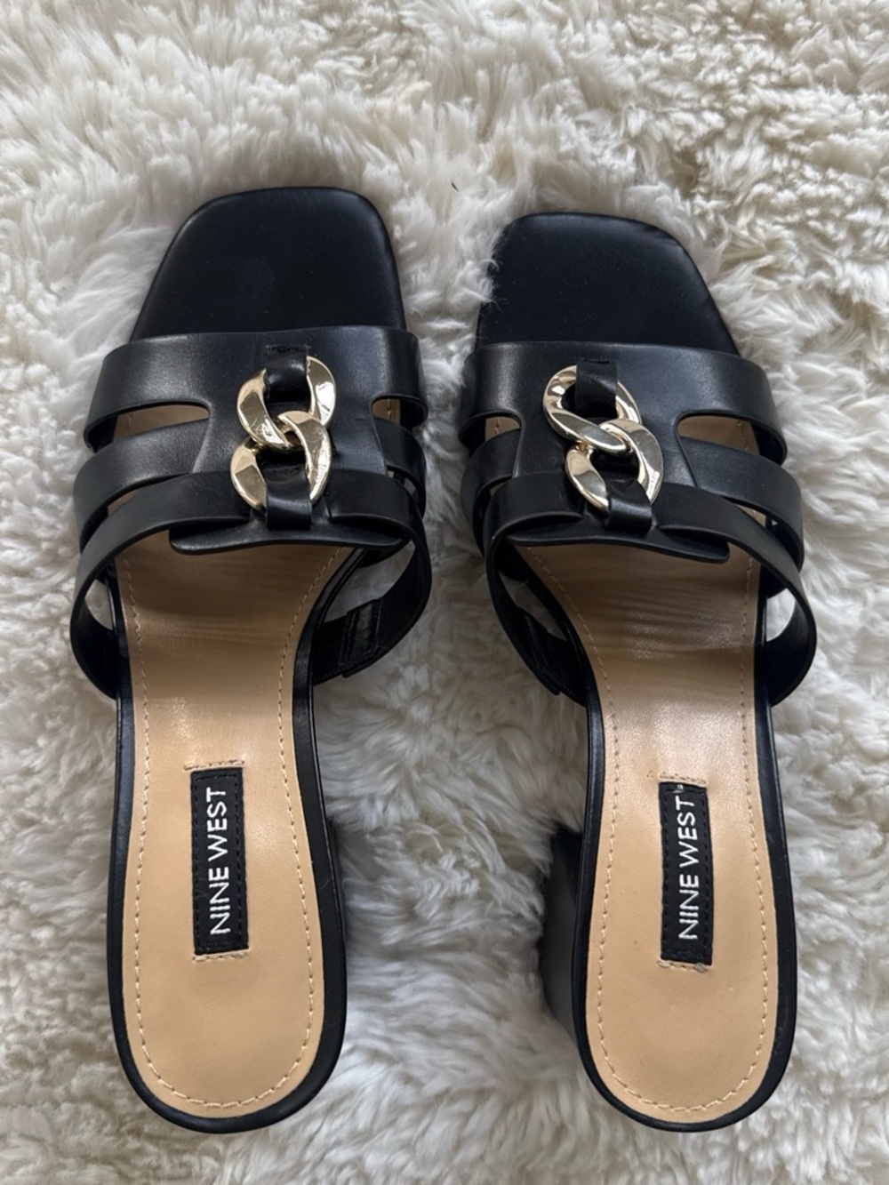 Nine West Black Slide Mules with Gold Chain Accent